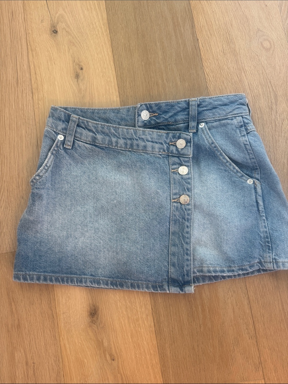 We The Free Light Blue Denim Mini Skirt with Off-Center Button Placket